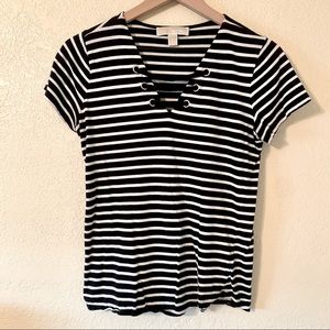 Michael Kors Black & White Striped Lace-Up Shirt